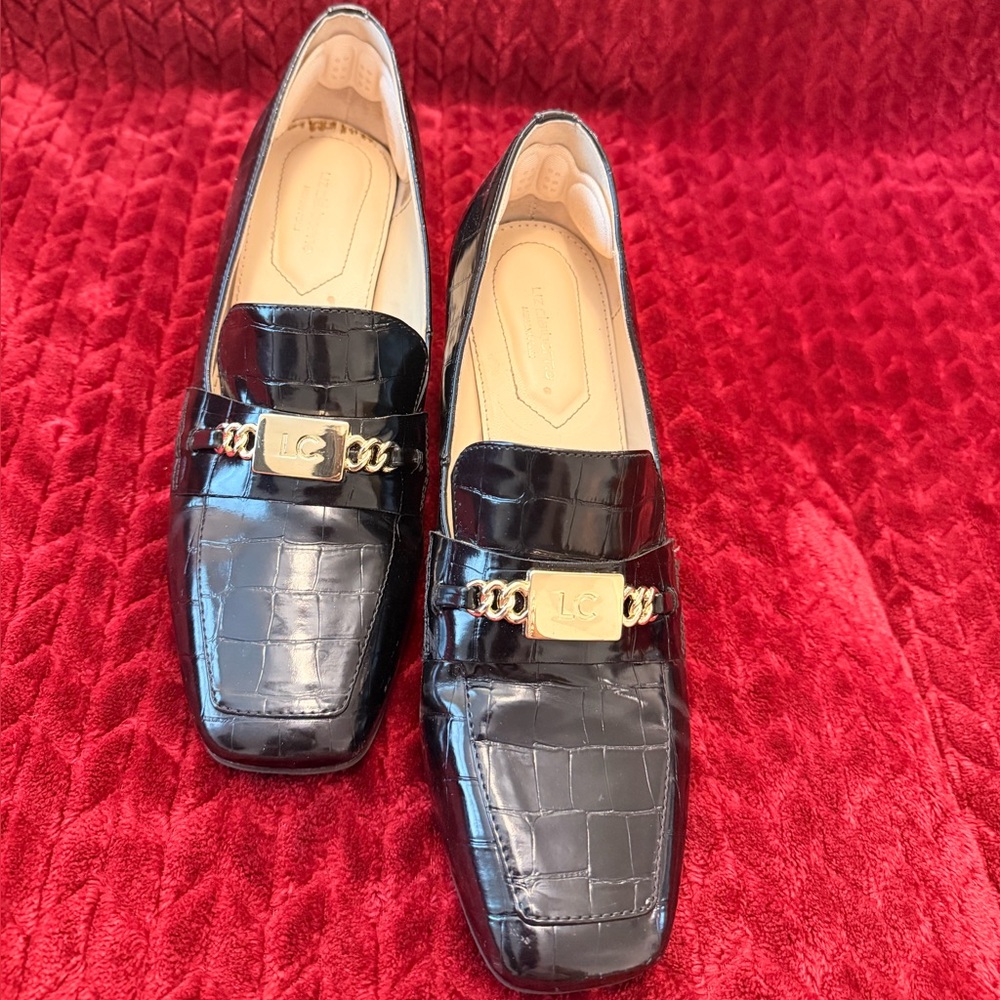 Liz Claiborne Melba Black Croc-Embossed Block Heel Loafers - Size 8